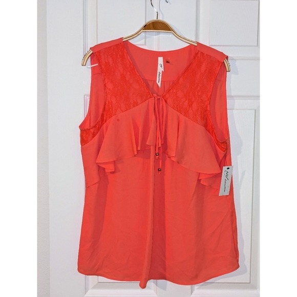 NY‎ Collection Sleeveless Blouse Coral Lace Trim Ruffle Detail Pretty XL NWT - Picture 1 of 8